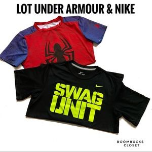 LOT Under Armour Spiderman fitted Youth T shirt heat gear & Nike Dri Fit T shirt